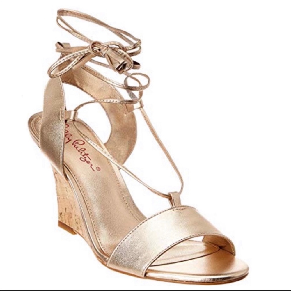 Lilly Pulitzer Gold Aria Wedges Heels Ankle Tie 8